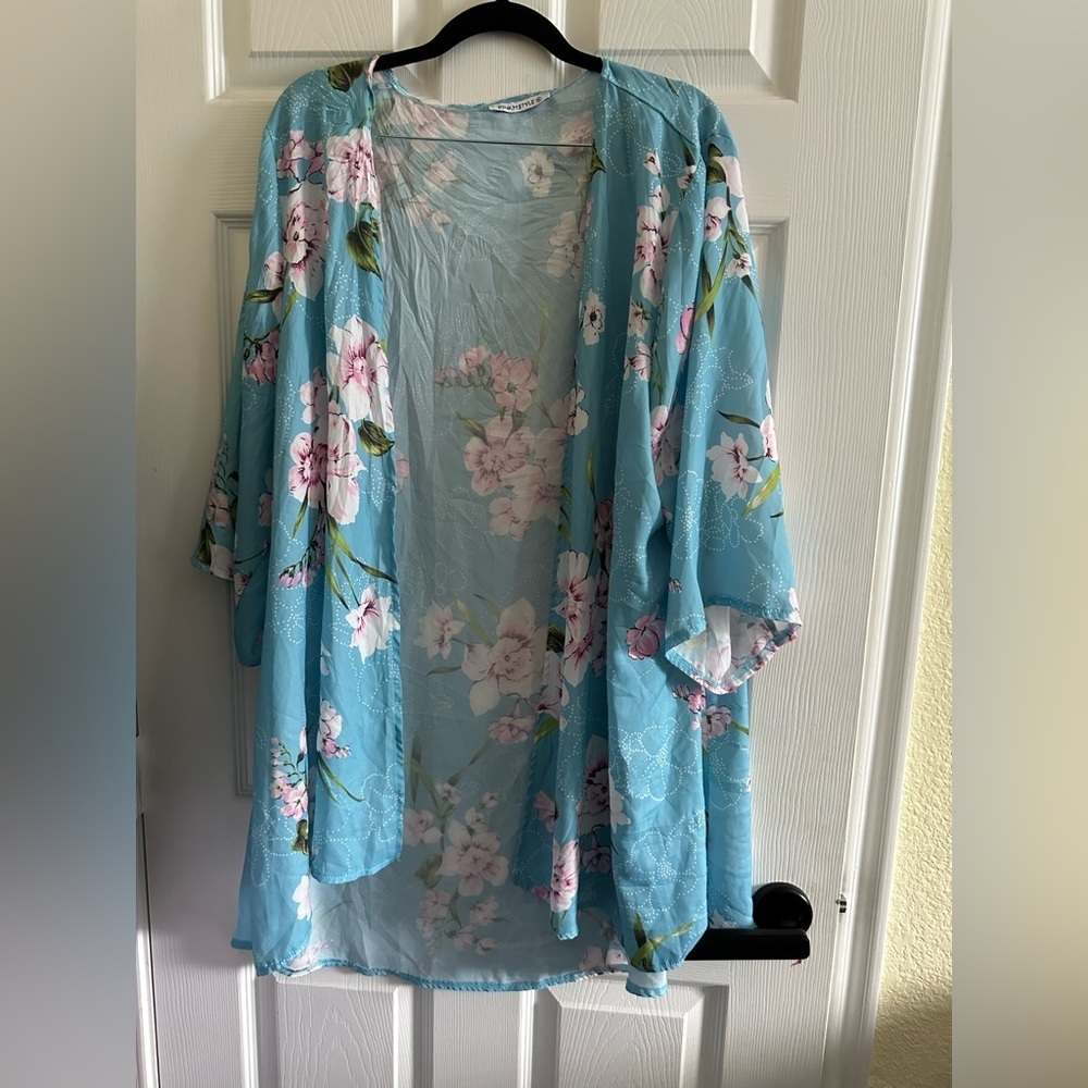 PINKMSTYLE Blue & Pink Floral Kimono Cardigan Size: XL